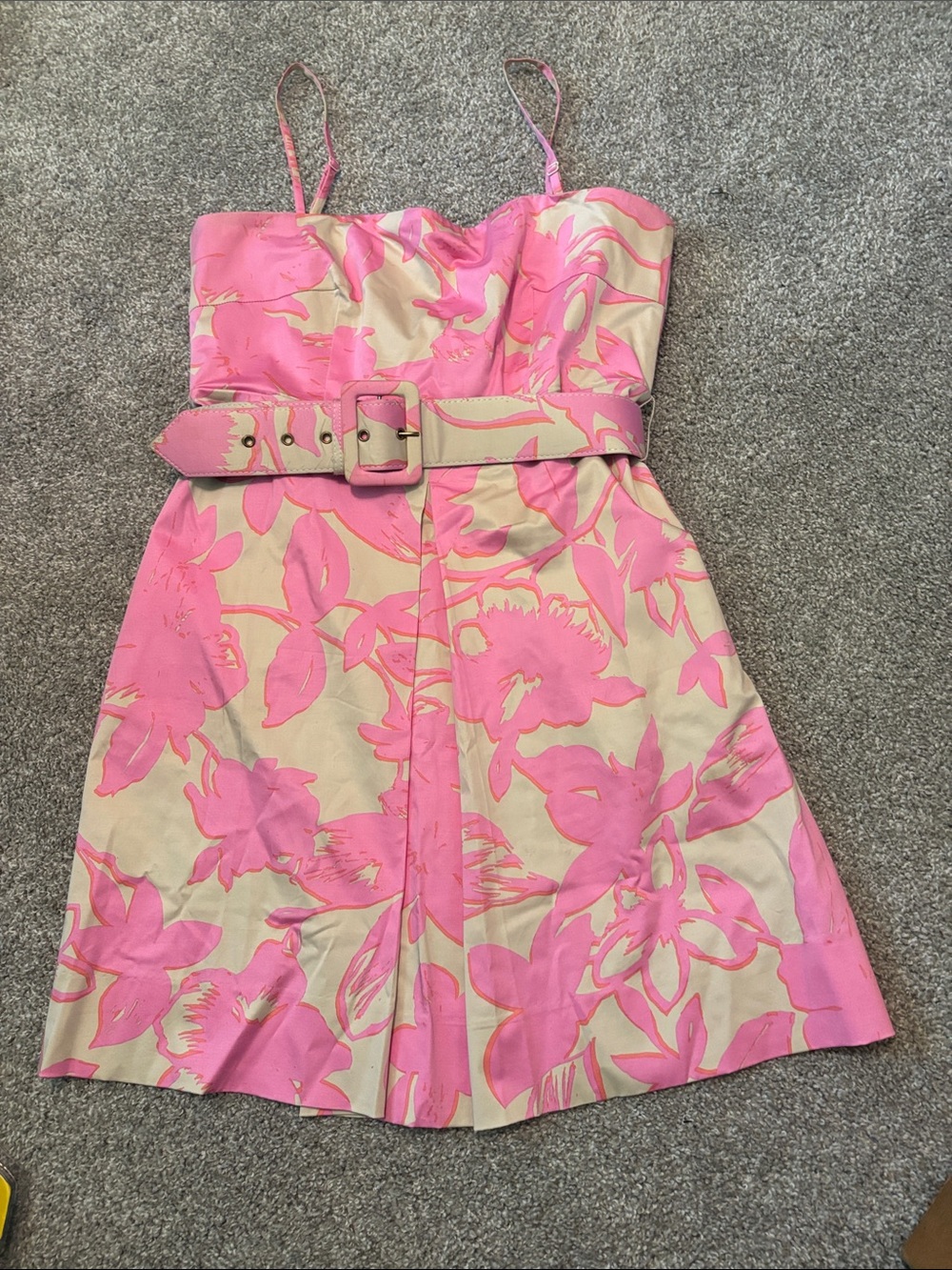 Pink Floral Belted Strapless Dress/ pockets